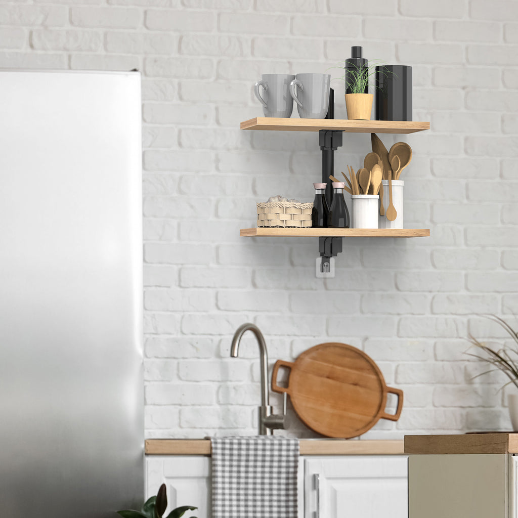 2-Tier Floating Wall Shelves, Wood & Metal Decorative Storage Rack for Bedroom & Living Room