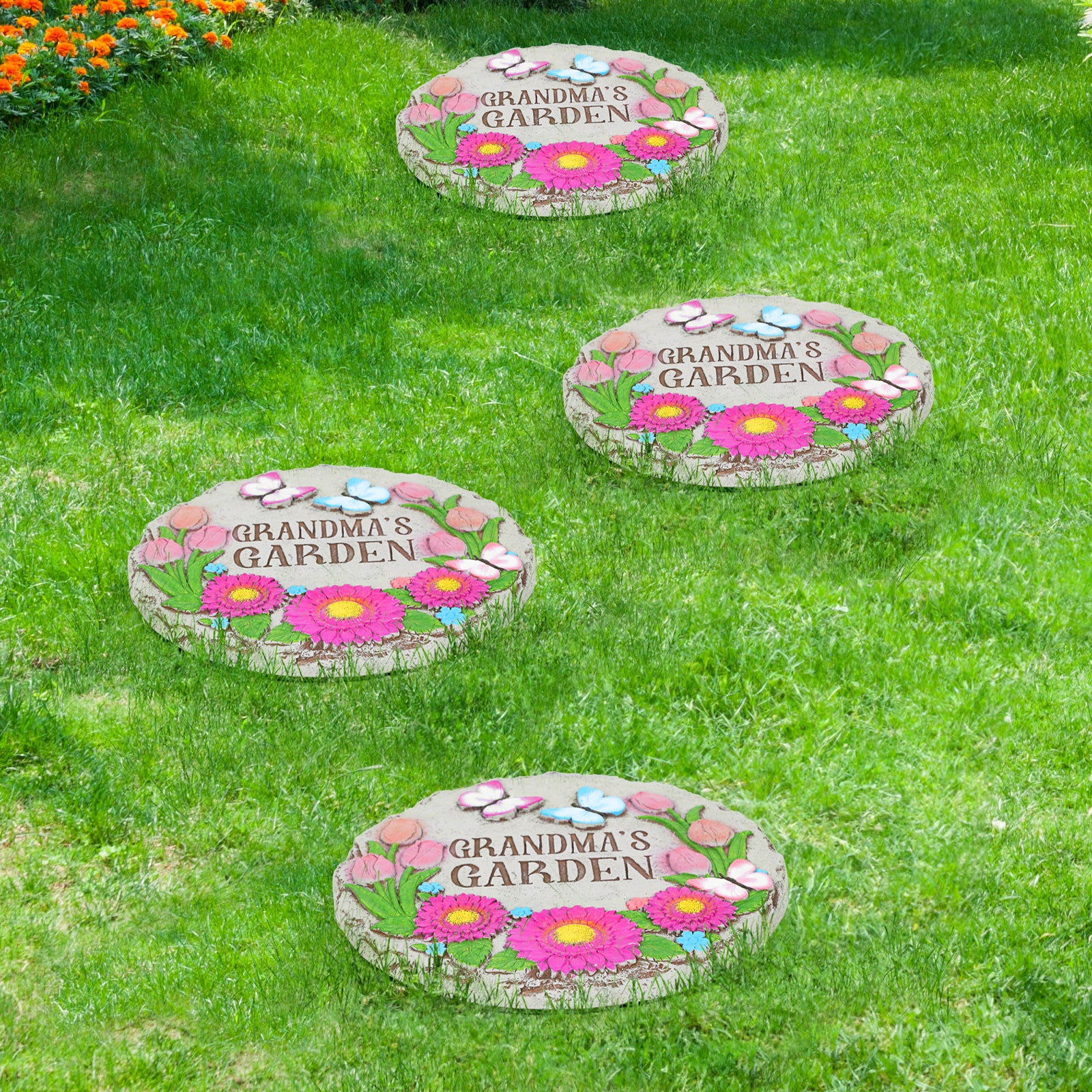 2-Pack Grandma's Garden Stepping Stones - 10inch Decorative Outdoor Pavers - Floral Design Walkway Stones, Heartfelt Gift for Nana