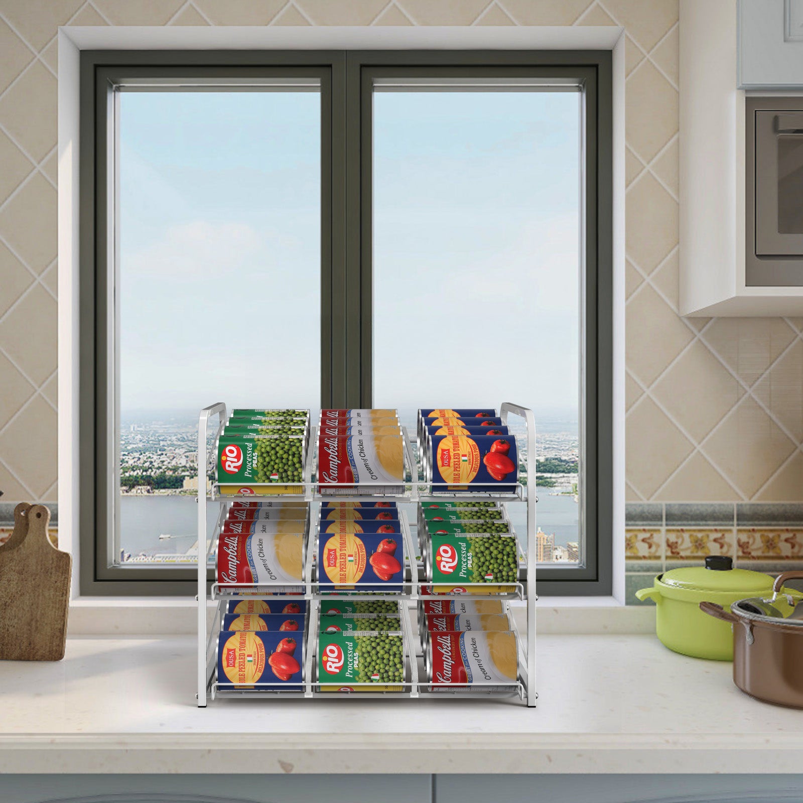 3-Tier Stackable Can Organizer Rack - Pantry Storage Holder for 36 Cans with Adjustable Dividers