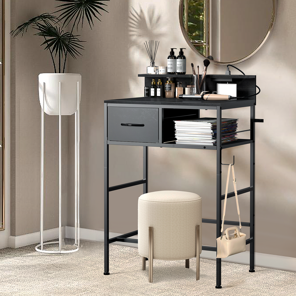 24" Small Makeup Vanity Desk - Compact Dressing Table with Power Outlets & Storage Drawer, Black,