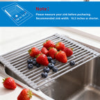Roll Up Over Sink Dish Drying Rack (17.5''x13'') - Foldable Silicone Wrapped Stainless Steel Drainer, Grey