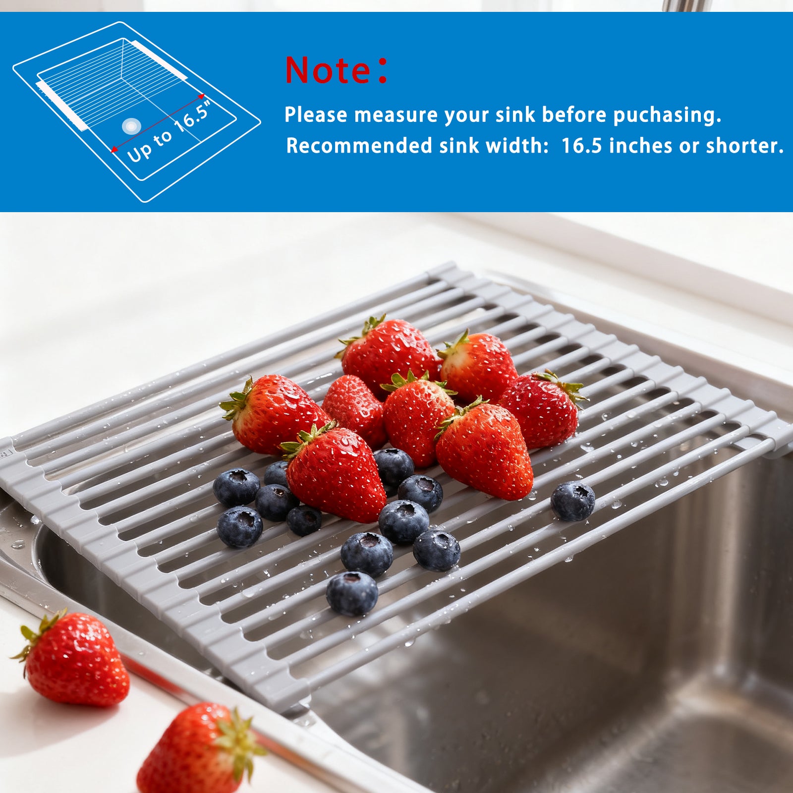 Roll Up Over Sink Dish Drying Rack (17.5''x13'') - Foldable Silicone Wrapped Stainless Steel Drainer, Grey