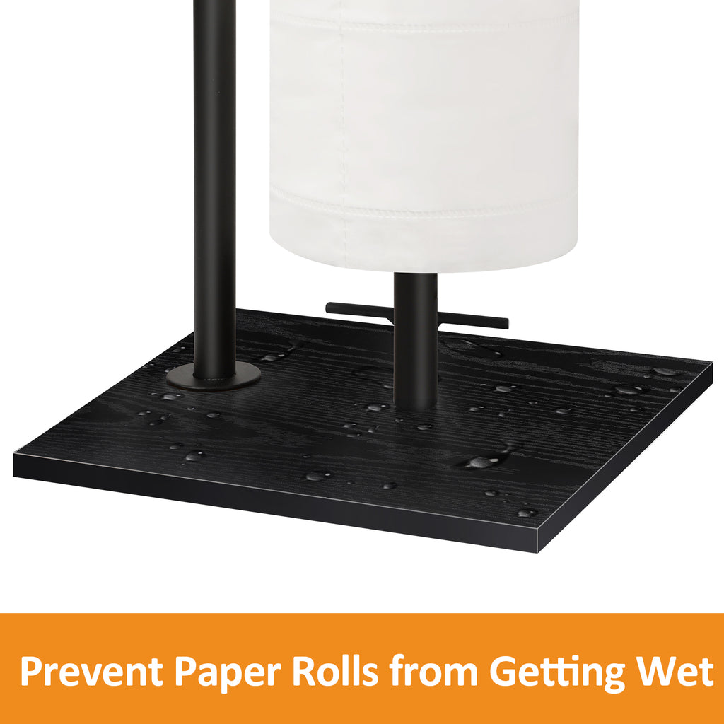 Freestanding Toilet Paper Holder Stand with Round Wooden Top Shelf, Black Metal Tissue Roll Storage Rack, Reserve Roll Storage Design for Bathroom Kitchen