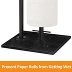 Freestanding Toilet Paper Holder Stand with Round Wooden Top Shelf, Black Metal Tissue Roll Storage Rack, Reserve Roll Storage Design for Bathroom Kitchen