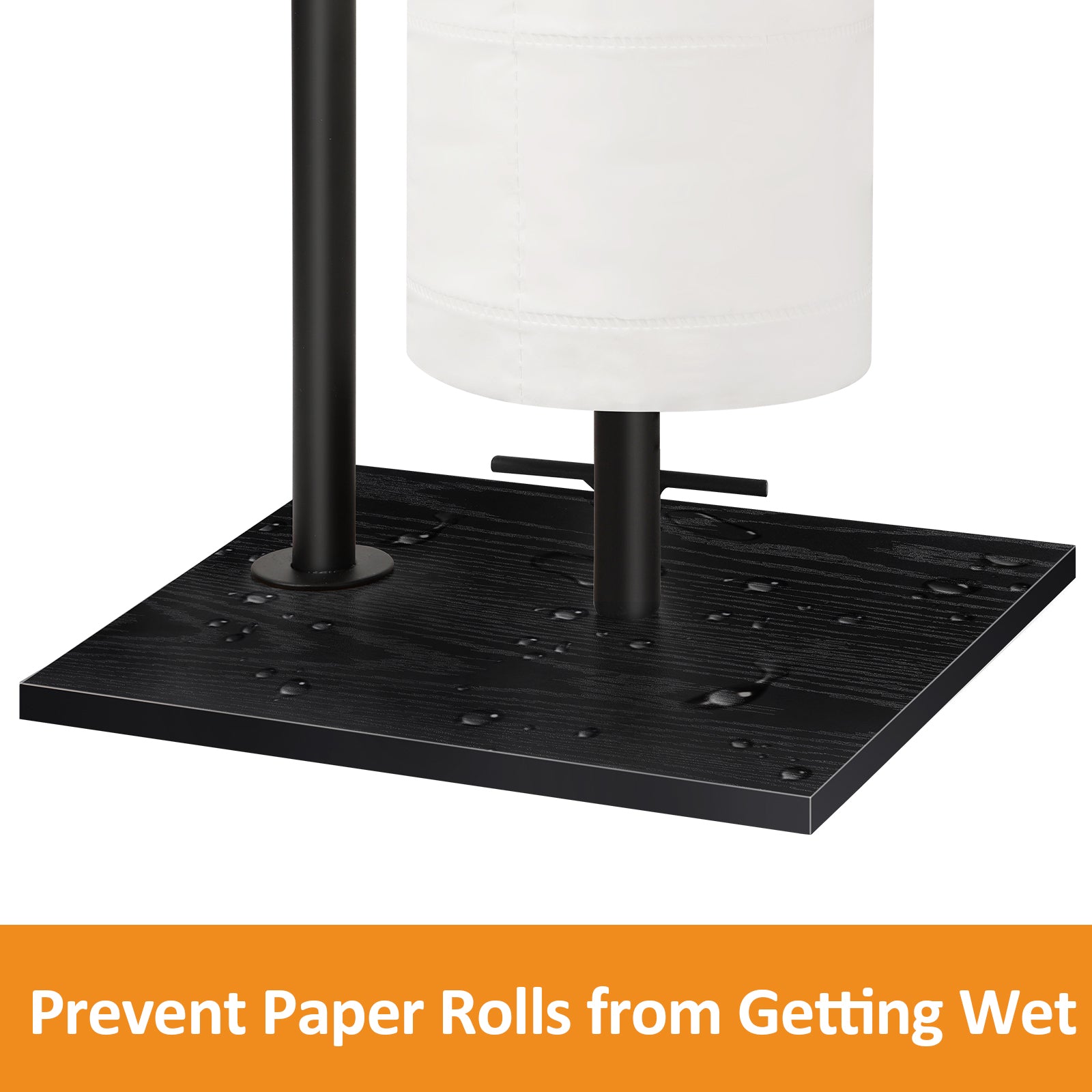Freestanding Toilet Paper Holder Stand with Round Wooden Top Shelf, Black Metal Tissue Roll Storage Rack, Reserve Roll Storage Design for Bathroom Kitchen