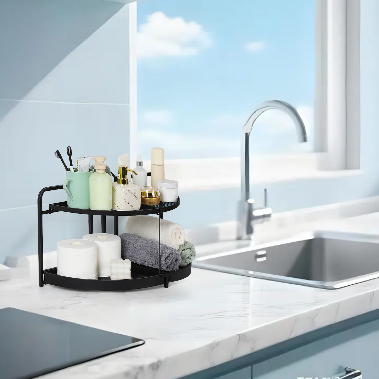 2-Tier Corner Bathroom Counter Organizer - Space-Saving L-Shaped Vanity Shelf for Makeup & Skincare