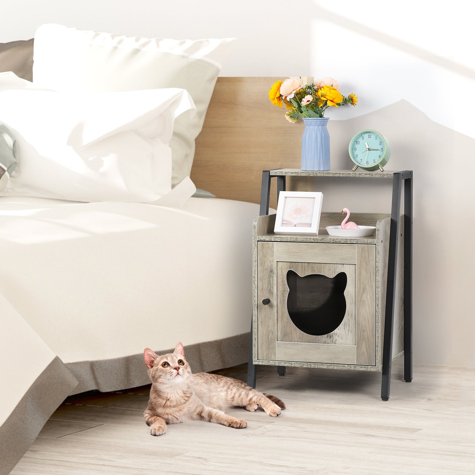 Cat Litter Box Enclosure & Hidden Furniture House, Decorative Wooden Pet House for Small Kittens, Oak Grey,