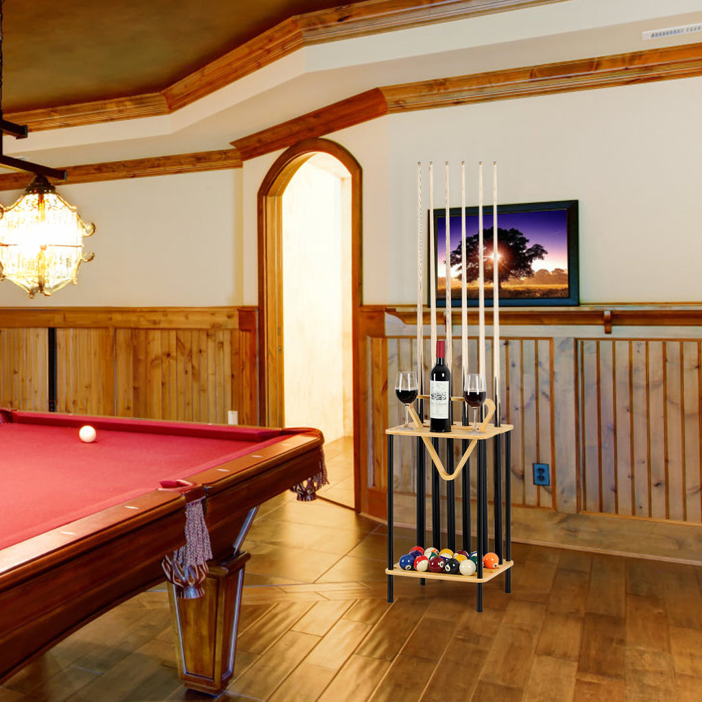 Premium Wooden Pool Cue Rack - Floor-Standing 6-Cue Holder with Accessory Tray, Natural Wood Finish