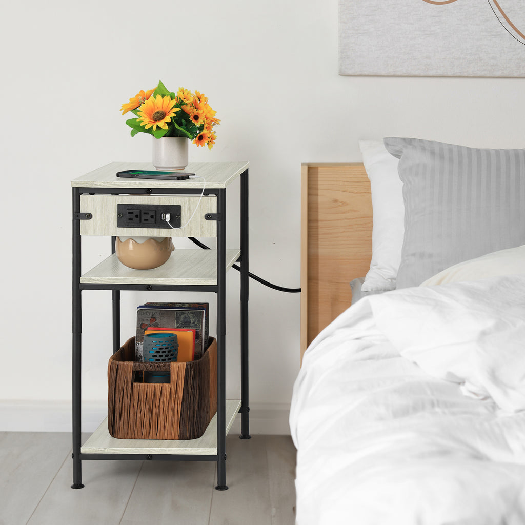 Bedside Table with Charging Station - 3-Tier Nightstand with USB Ports & Power Outlets