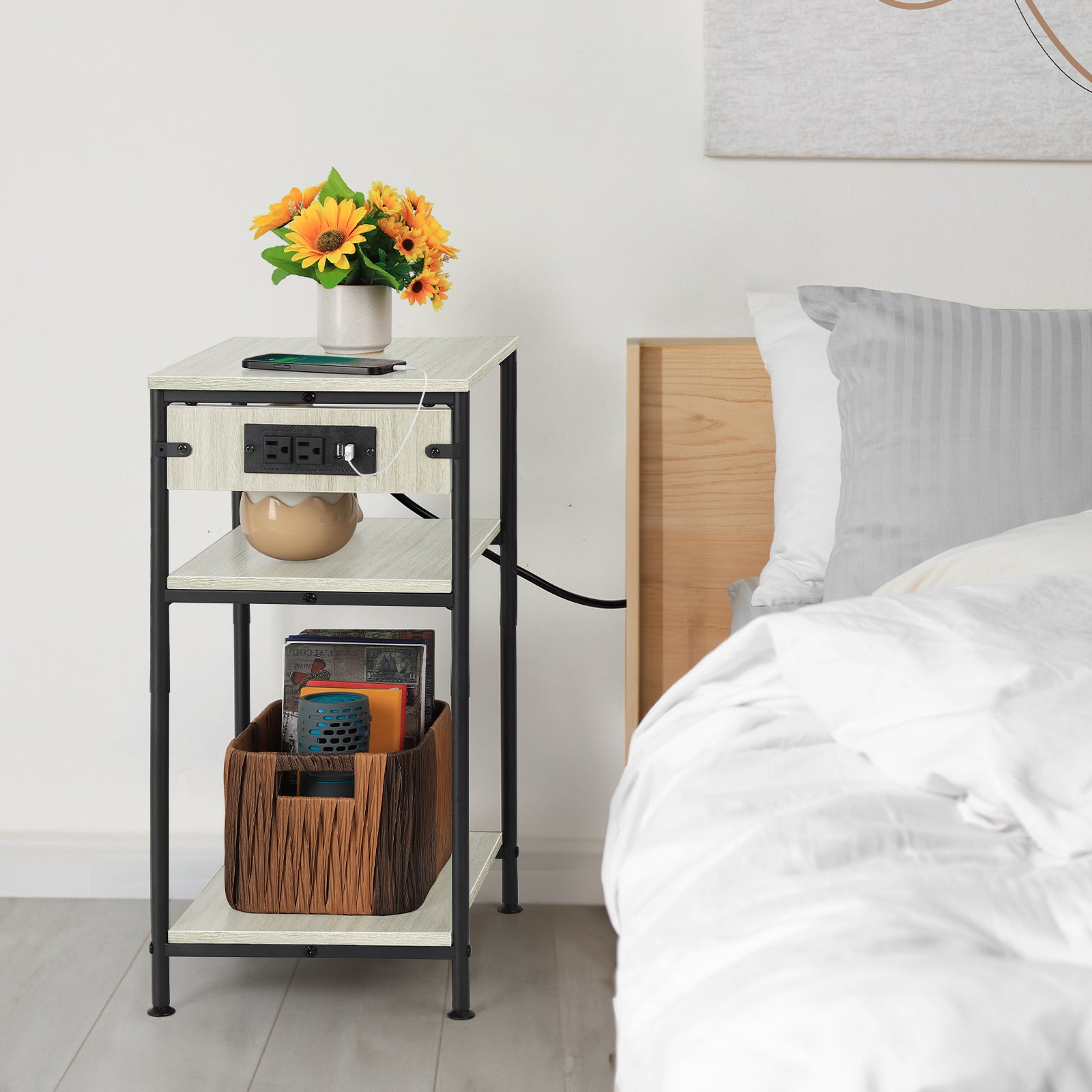 Bedside Table with Charging Station - 3-Tier Nightstand with USB Ports & Power Outlets