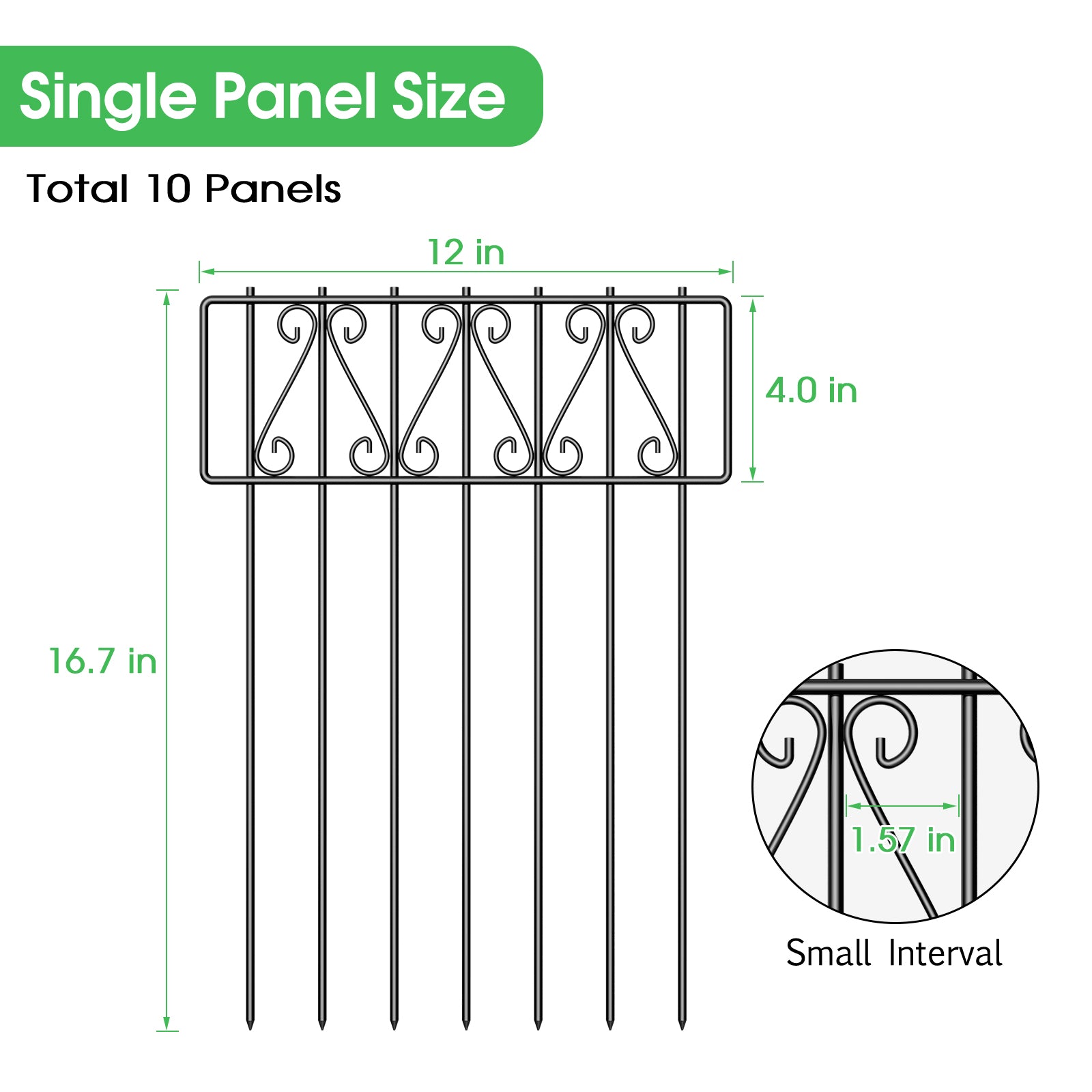 10-Piece Set Outdoor Garden Edging, 16.7 Inch Height x 10.8 Feet Total Length Ornamental Black Iron Barrier, Ground Stake Fencing for Pet Containment and Yard Protection