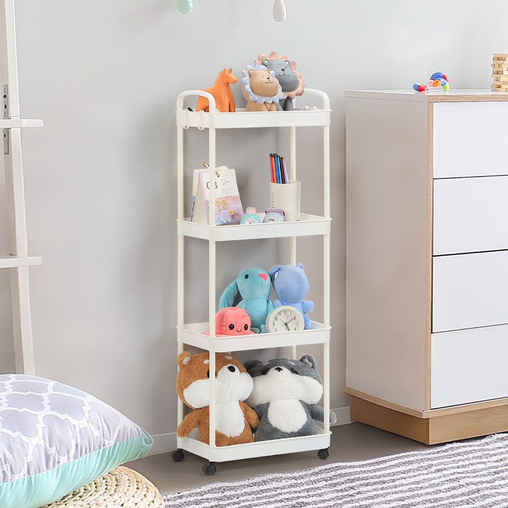 4-Tier Plastic Rolling Utility Cart with Handle, Hooks, Multi-Functional Storage Trolley for Office, Living Room, Kitchen, Movable Storage Organizer with Wheels