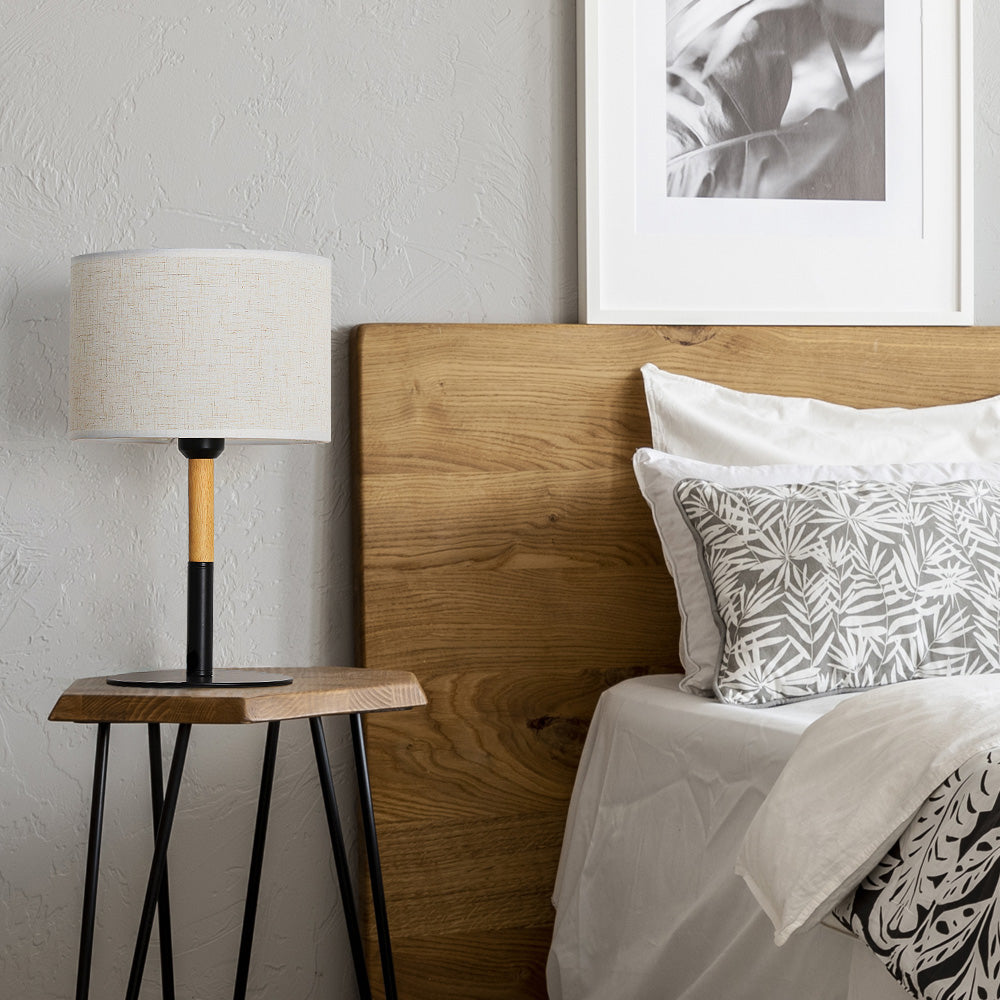 Compact Bedside Lamp with White Fabric Shade, Wood and Black Metal Base, Versatile Desk Light for Bedroom or Home Office