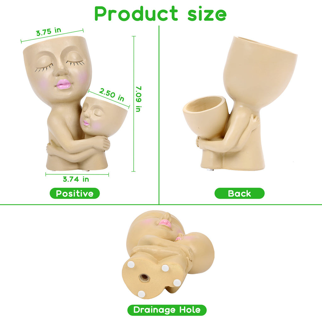 Double-Head Face Planter Pot for Mommy & Child - Resin Succulent Pot with Drainage Hole for Home