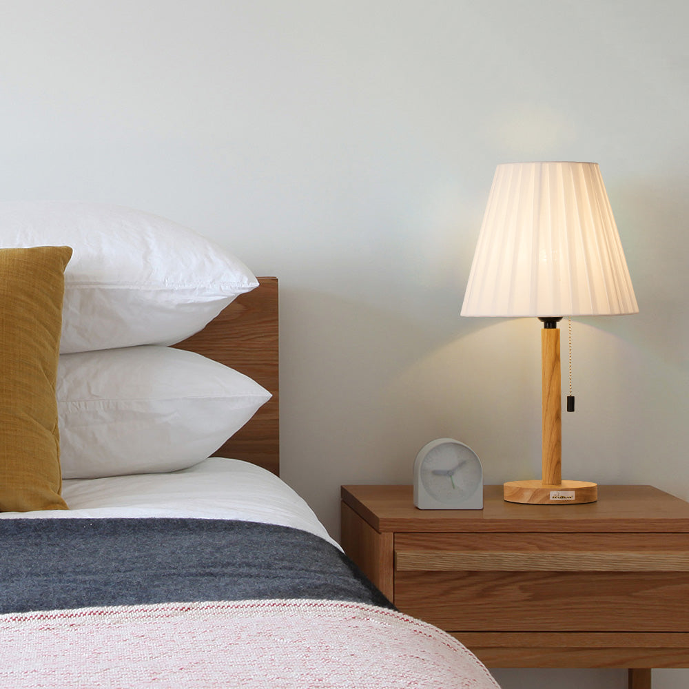 Twin Set of Contemporary White Bedside Lamps with Timber Bases - Minimalist Desk Lighting for Bedrooms, Dorms, and Offices