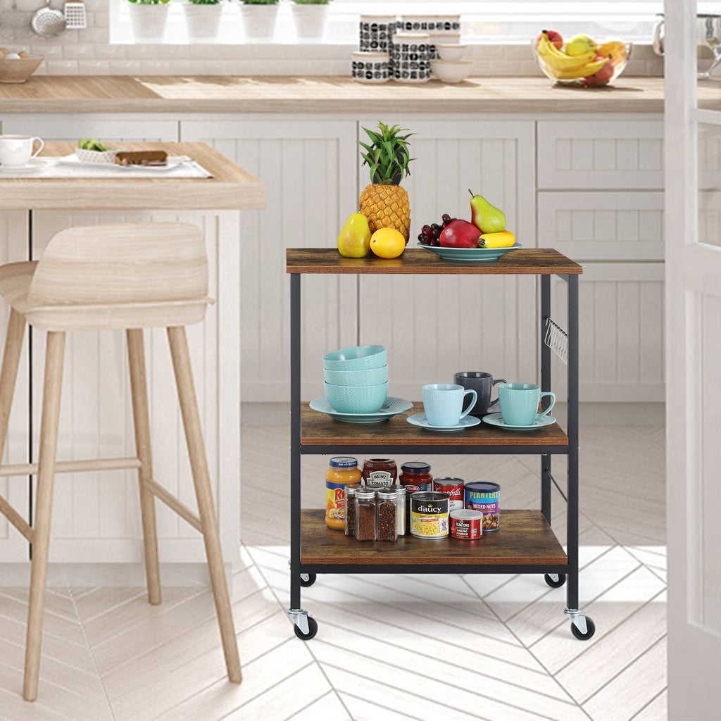 3-Tier Rolling Microwave Stand - Rustic Industrial Baker's Rack with 10 Hooks for Kitchen Storage