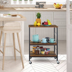 3-Tier Rolling Microwave Stand - Rustic Industrial Baker's Rack with 10 Hooks for Kitchen Storage