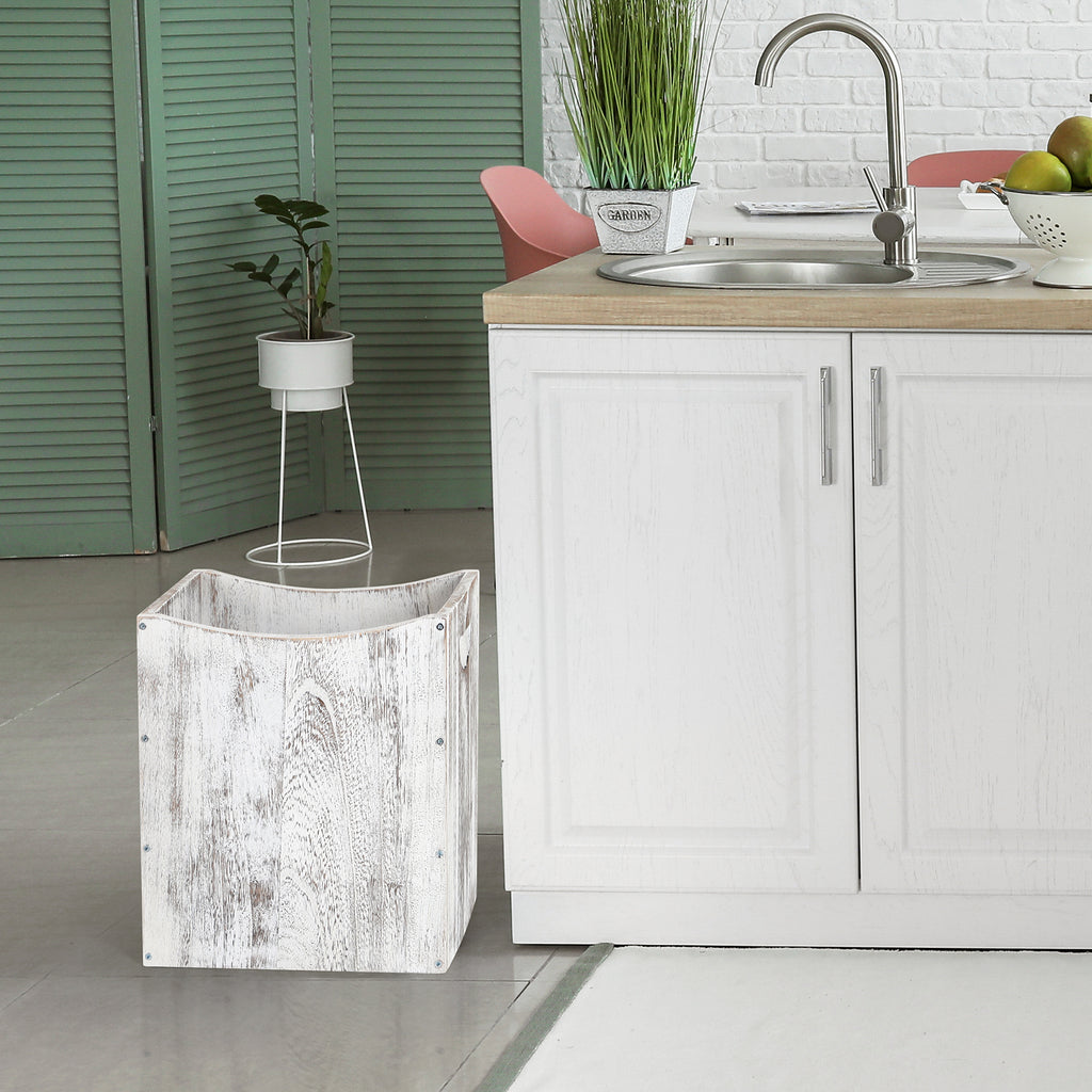 5.3 Gallon Rectangular Wooden Waste Bin with Integrated Handles, Farmhouse Style Rustic White Trash Container for Home and Office Use