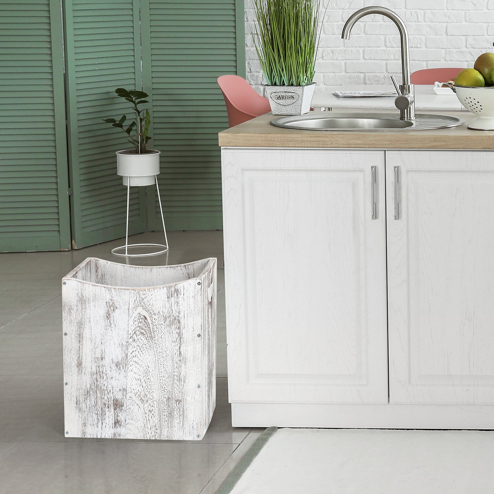 5.3 Gallon Rectangular Wooden Waste Bin with Integrated Handles, Farmhouse Style Rustic White Trash Container for Home and Office Use