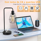 Set of 2 Industrial USB Table Lamps - Metal Cage Bedside Lamps with Dual USB Ports & AC Outlet
