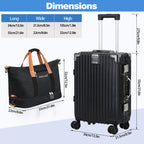 20 Inch Aluminum Frame Hardside Luggage with HIKOLAYAE Travel Tote Bag, Spinner Suitcase with TSA Lock & Detachable Carry-On Bag, Black