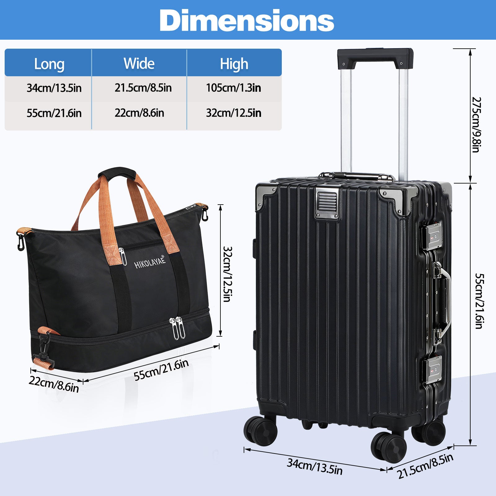 20 Inch Aluminum Frame Hardside Luggage with HIKOLAYAE Travel Tote Bag, Spinner Suitcase with TSA Lock & Detachable Carry-On Bag, Black
