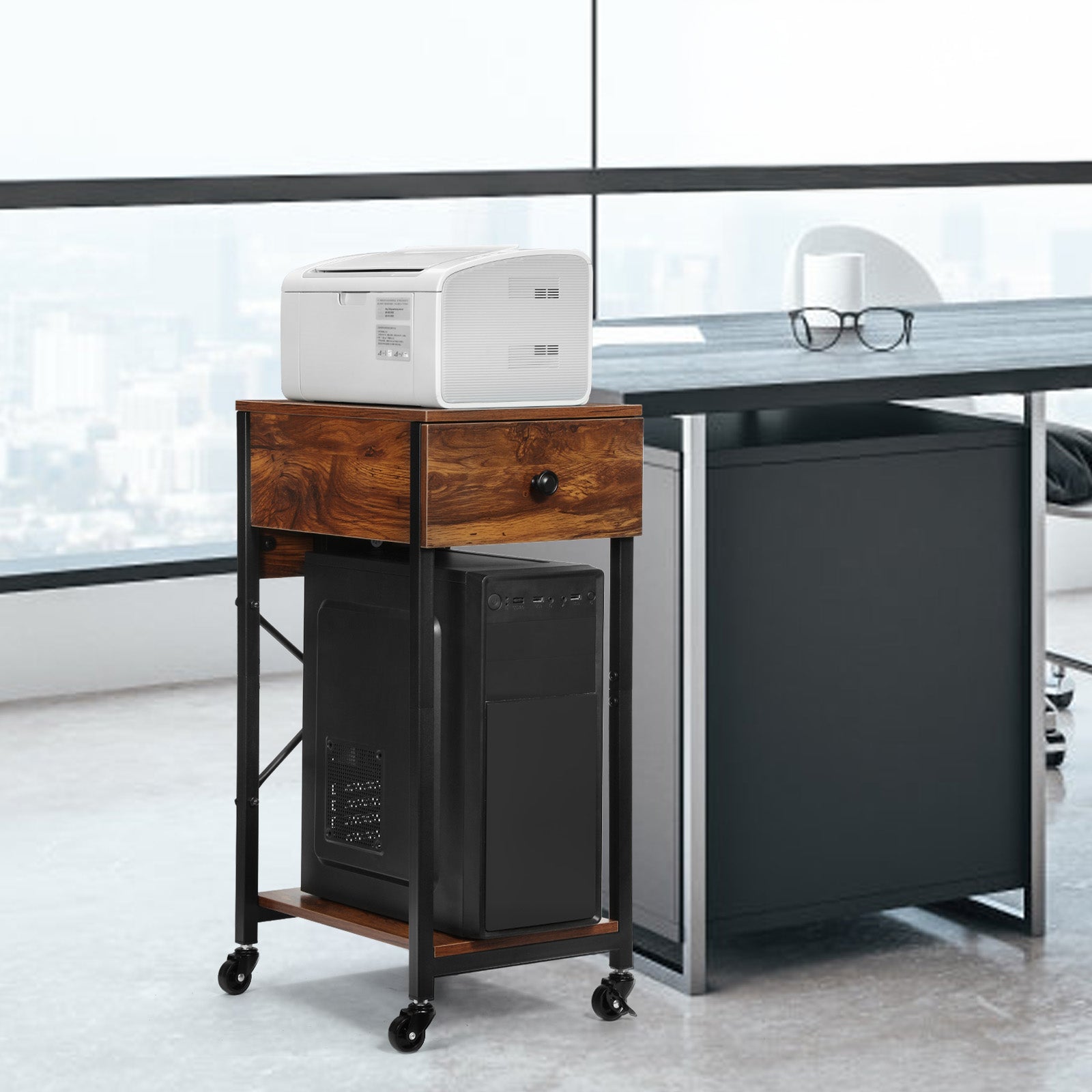 Computer Tower Stand with Charging Station & Storage Drawer, Mobile Printer Stand Table, CPU Holder Cart with 4 Lockable Wheels for Home Office,