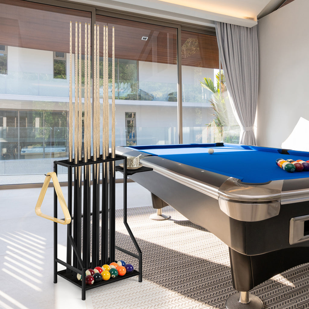 Space-Saving Bamboo Pool Cue Rack - Floor Stand Holder for 10 Billiard Sticks & Balls, Black