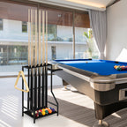 Space-Saving Bamboo Pool Cue Rack - Floor Stand Holder for 10 Billiard Sticks & Balls, Black