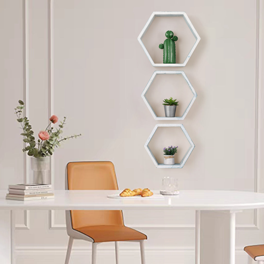 Set of 3 Hexagon Floating Shelves - Rustic Whitewashed Wood Honeycomb Wall Shelves