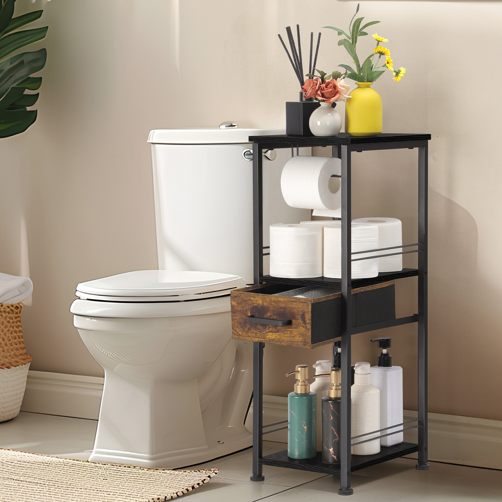 Farmhouse-Style Toilet Paper Floor Organizer with Pull-Out Drawer - Rustic Brown Utility Shelf for Small Spaces, Bathrooms, and Entryways