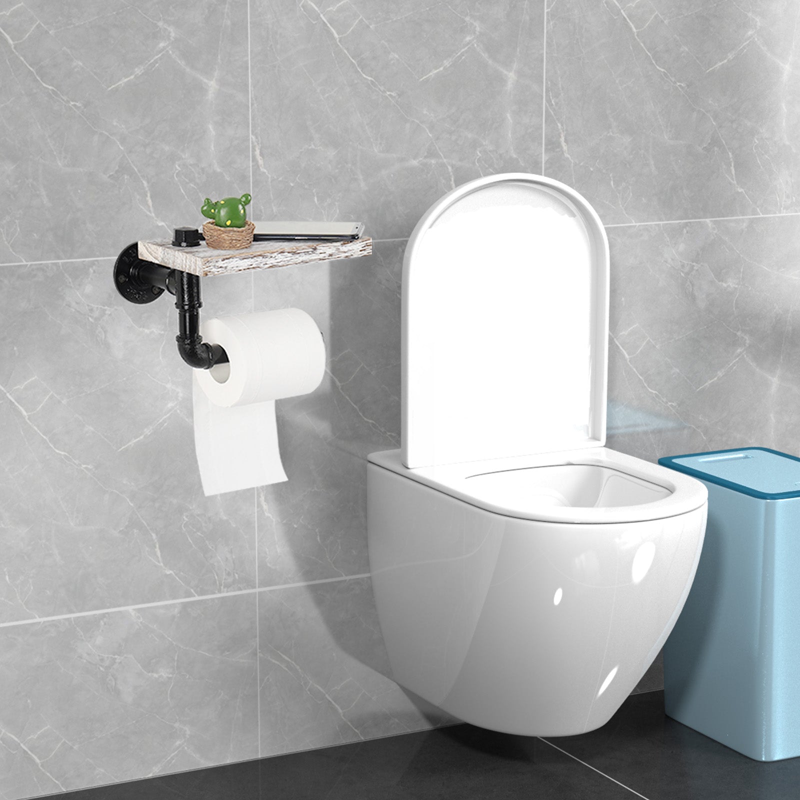 Rustic Whitewashed Wood Industrial Pipe Toilet Paper Holder-Wall-Mounted Tissue Dispenser with Shelf.