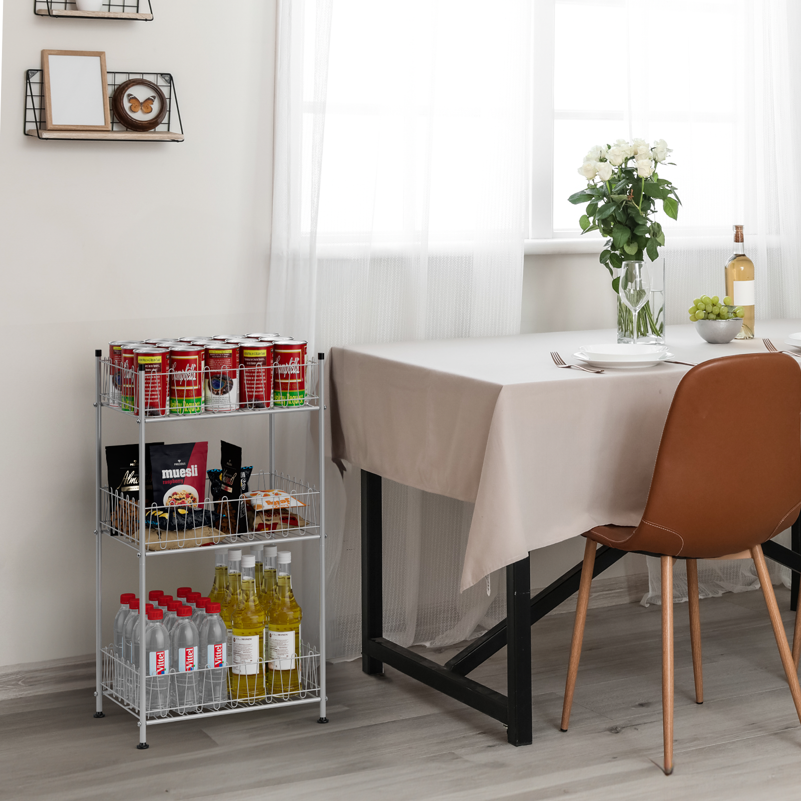 3-Tier Vertical Water Bottle Organizer - Freestanding Metal Drink Storage Shelf for Pantry, Silver