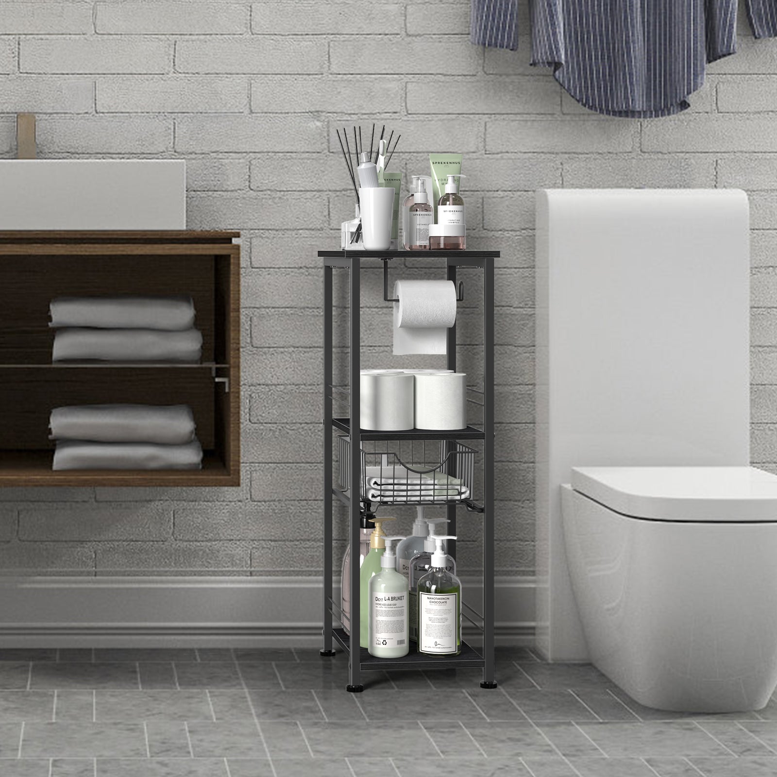 Slim Bathroom Storage Cabinet with Toilet Paper Holder - Narrow Multi-Purpose Floor Shelf for Small Spaces, Laundry Room & Kitchen Pantry, Black