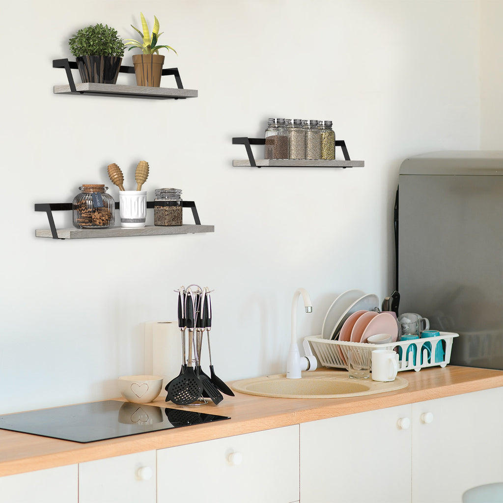 Rustic Wooden Floating Shelves Set of 3 - Wall Mounted Decorative Display Racks for Living Room & Bedroom