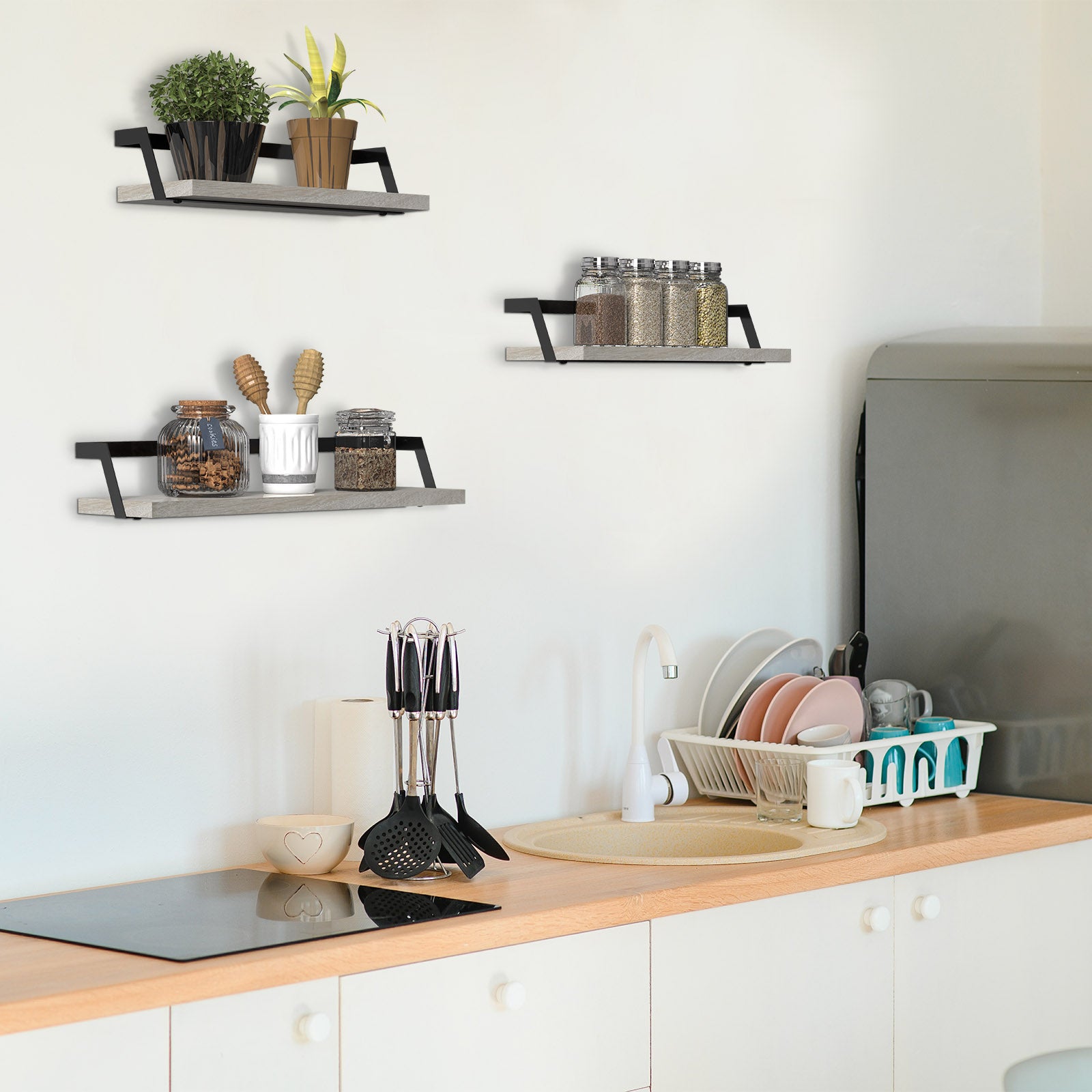 Rustic Wooden Floating Shelves Set of 3 - Wall Mounted Decorative Display Racks for Living Room & Bedroom