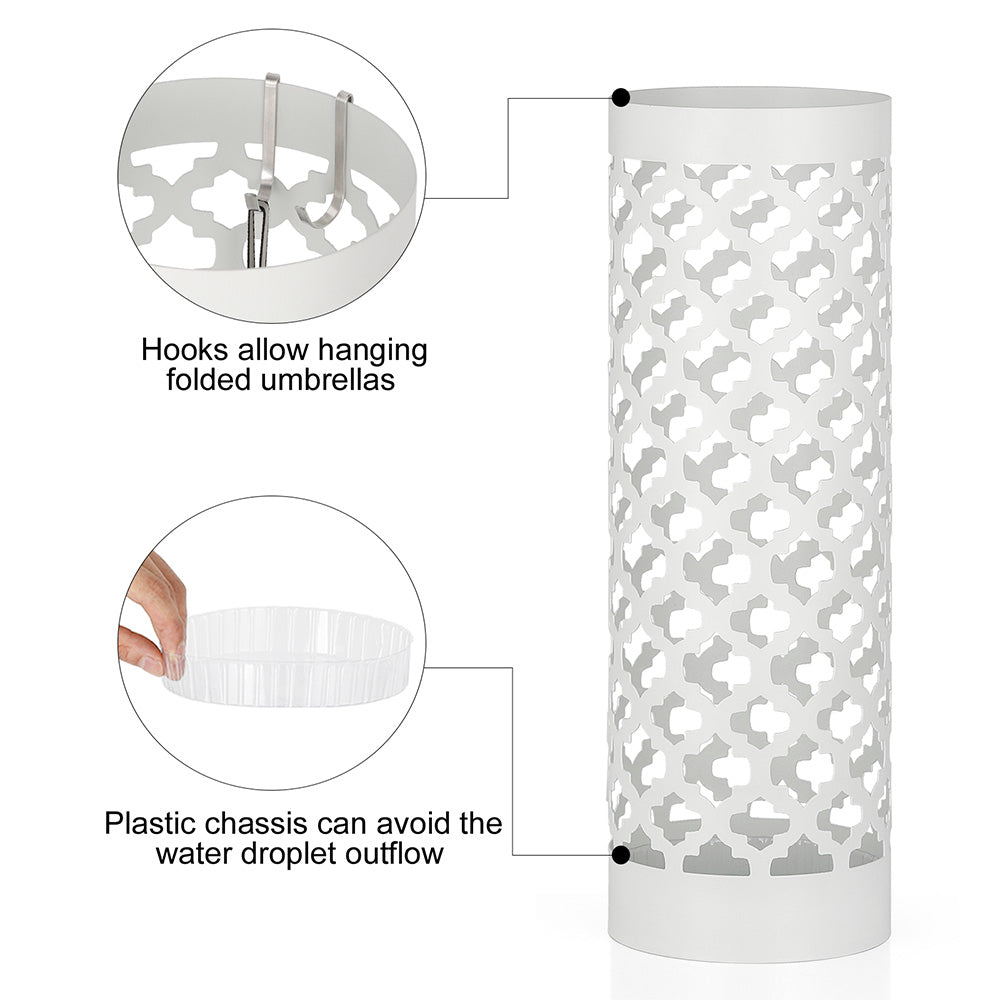 Modern Metal Umbrella Stand - Round White Umbrella Holder Rack with Drip Tray and Hooks for Entryway