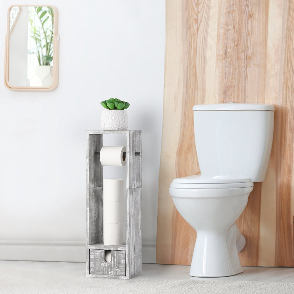 Rustic Wood Toilet Paper Holder Stand - Free-Standing Tissue Dispenser with Storage Drawer & Phone Shelf