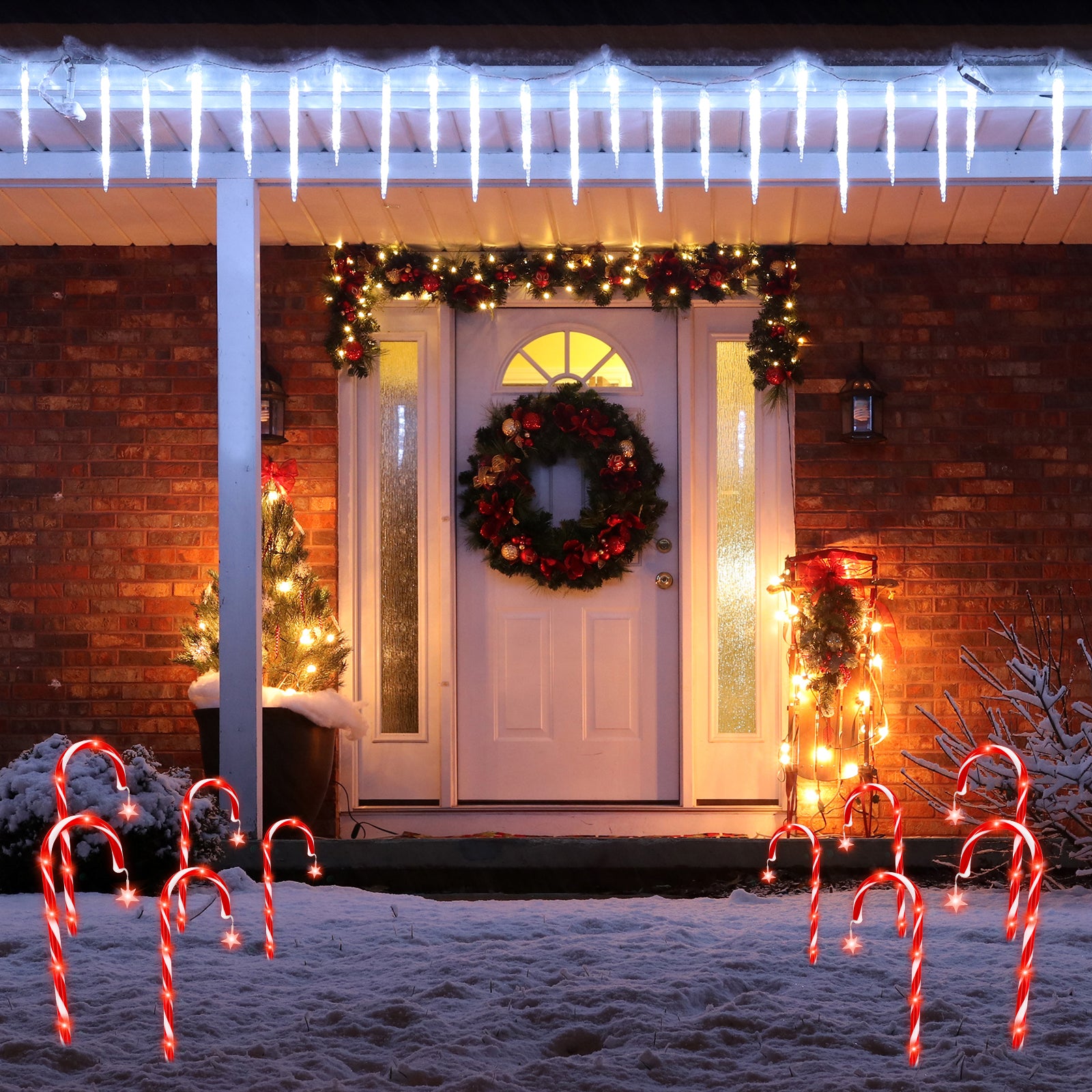 10-Pack Solar Candy Cane Lights - 22inch Christmas Pathway Markers with 8 Lighting Modes