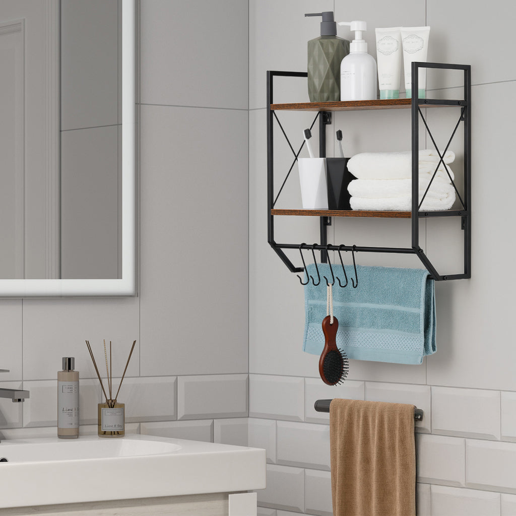 2-Tier Wall Mounted Bathroom Shelf - Rustic Wood Towel Rack with Hooks & Towel Bar Organizer,