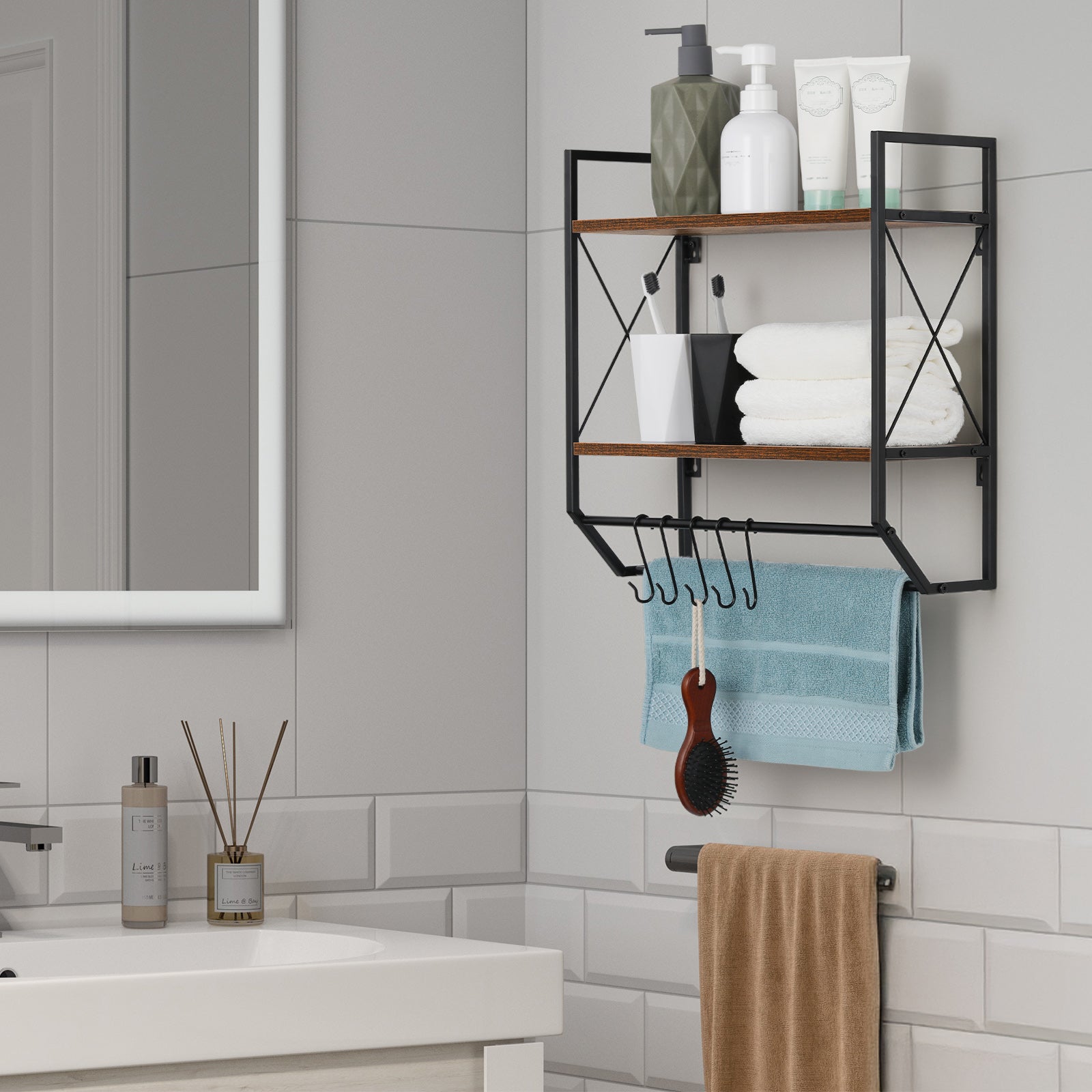 2-Tier Wall Mounted Bathroom Shelf - Rustic Wood Towel Rack with Hooks & Towel Bar Organizer,