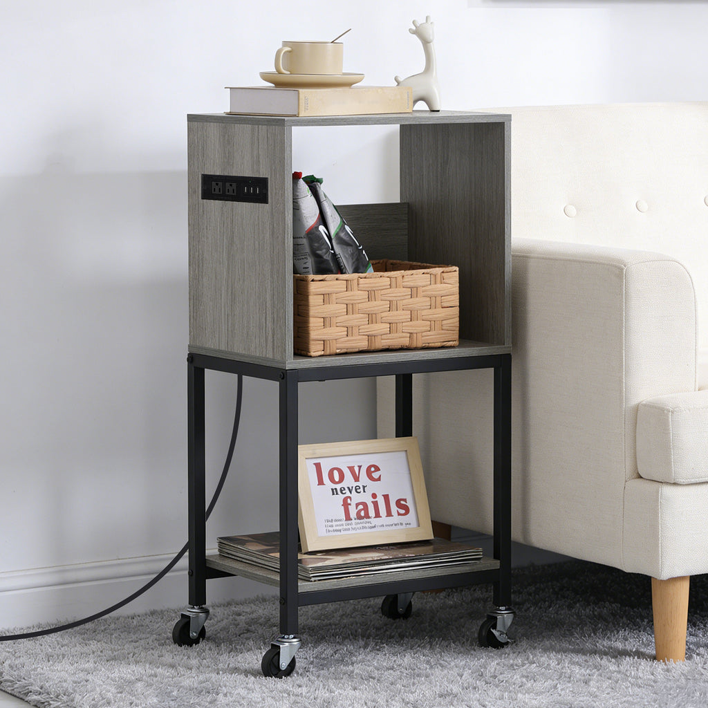 3-Tier Turntable Station and Vinyl Storage Cabinet with Built-in Charging Port, Versatile End Table for Media Organization in Living Room or Bedroom