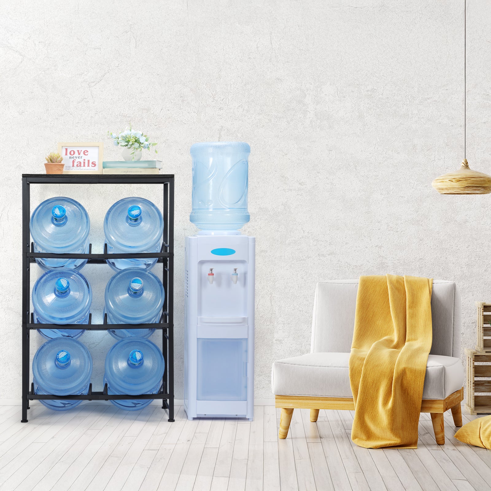 6-Bottle 5 Gallon Water Jug Holder Rack with Top Shelf - Heavy Duty 3-Tier Storage Organizer for Kitchen & Pantry, Black
