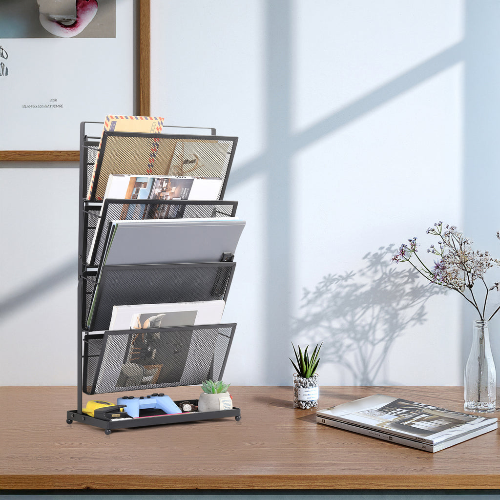 4-Tier Vertical Mesh File Organizer - Desktop Magazine & Letter Rack - Space-Saving Metal Storage Tray for Office Documents & Accessories