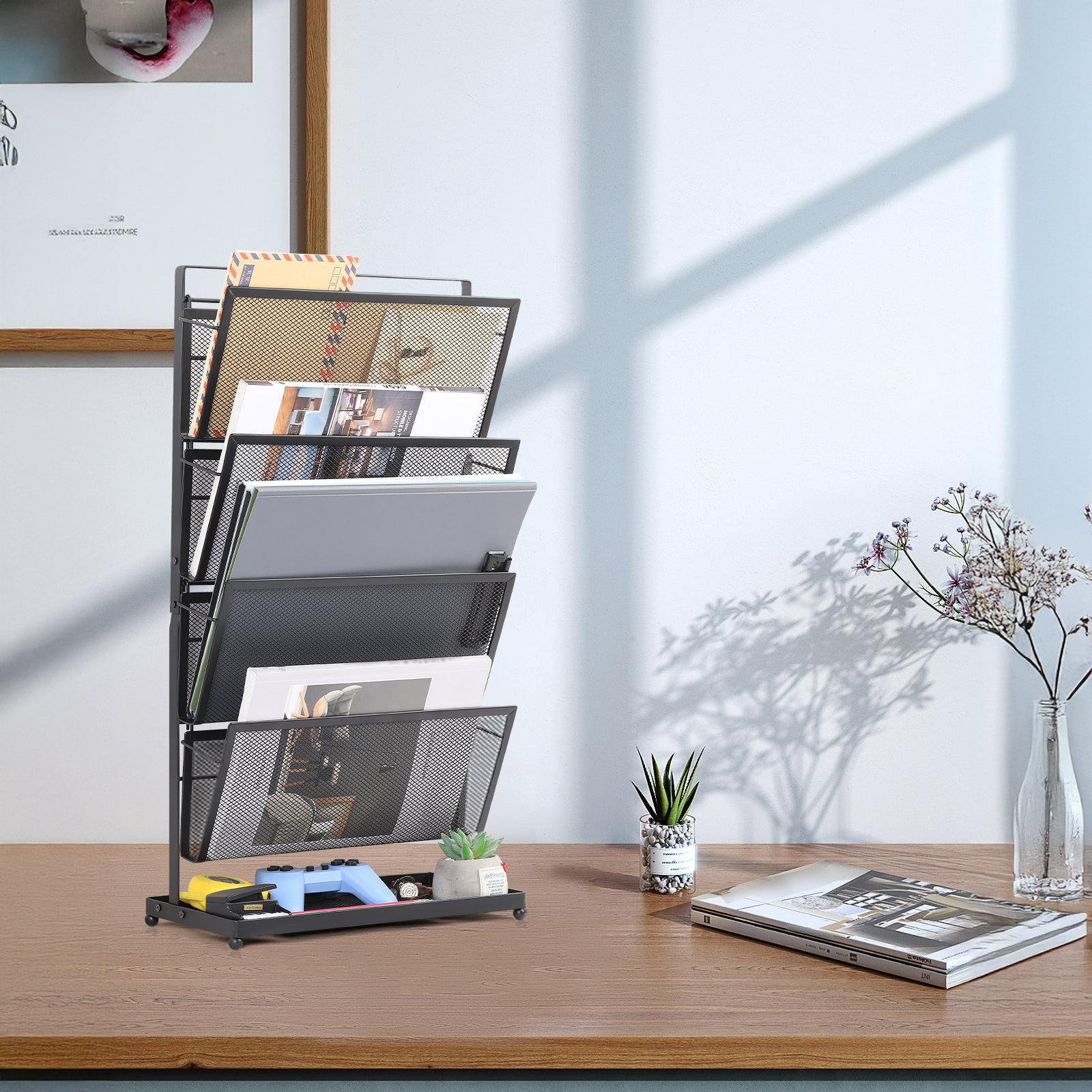 4-Tier Vertical Mesh File Organizer - Desktop Magazine & Letter Rack - Space-Saving Metal Storage Tray for Office Documents & Accessories