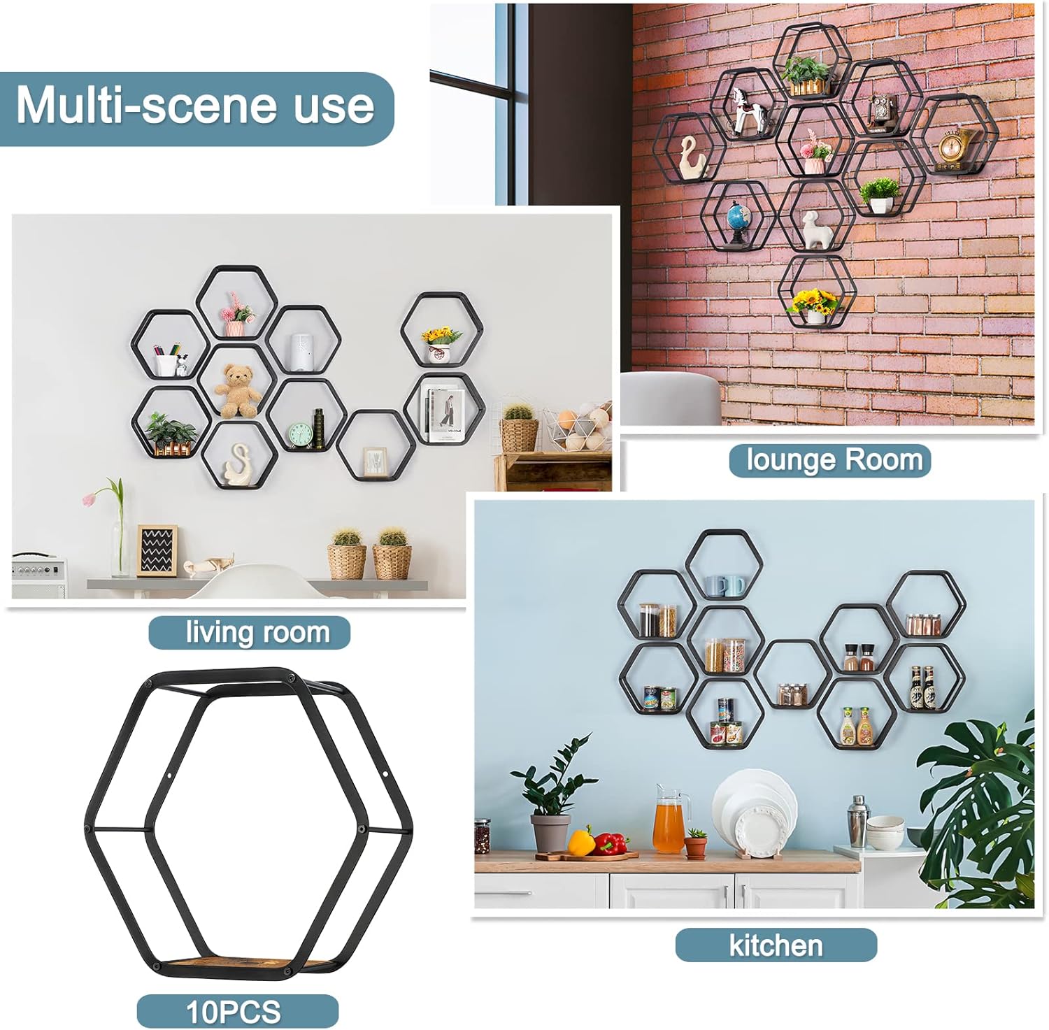 10-Piece Hexagon Floating Shelves | Modern Matte Black Honeycomb Wall Gallery Set