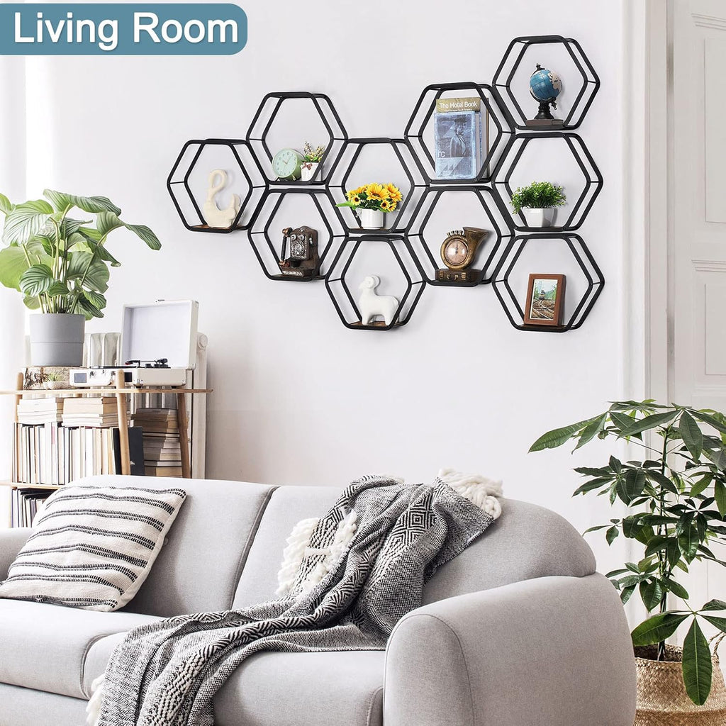 10-Piece Hexagon Floating Shelves | Modern Matte Black Honeycomb Wall Gallery Set