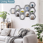 10-Piece Hexagon Floating Shelves | Modern Matte Black Honeycomb Wall Gallery Set