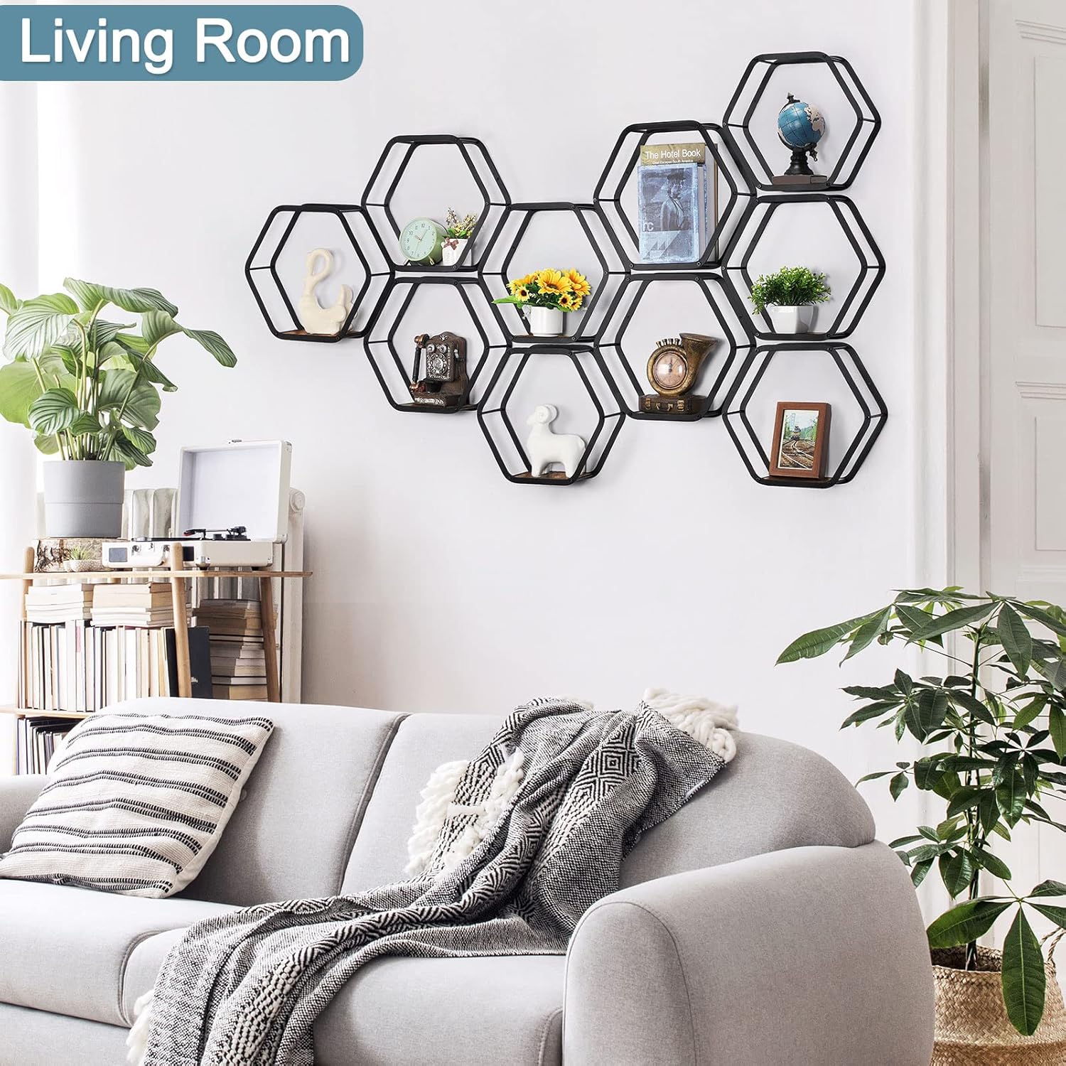 10-Piece Hexagon Floating Shelves | Modern Matte Black Honeycomb Wall Gallery Set