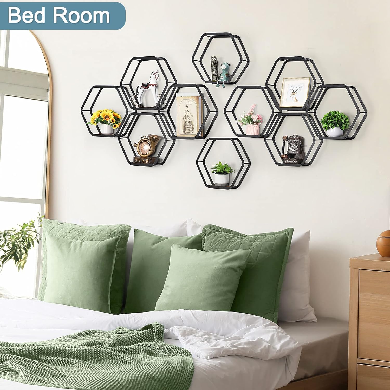 10-Piece Hexagon Floating Shelves | Modern Matte Black Honeycomb Wall Gallery Set